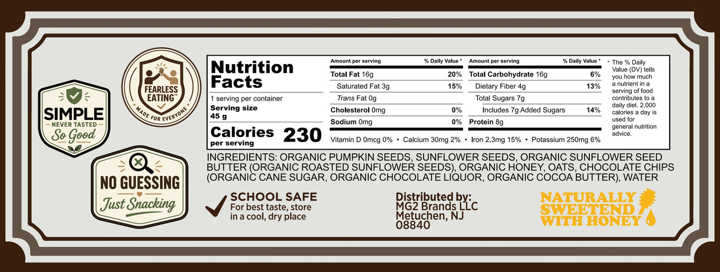 Kennai Chocolate Chip Bar Nutrition Facts Panel and Ingredients listing
