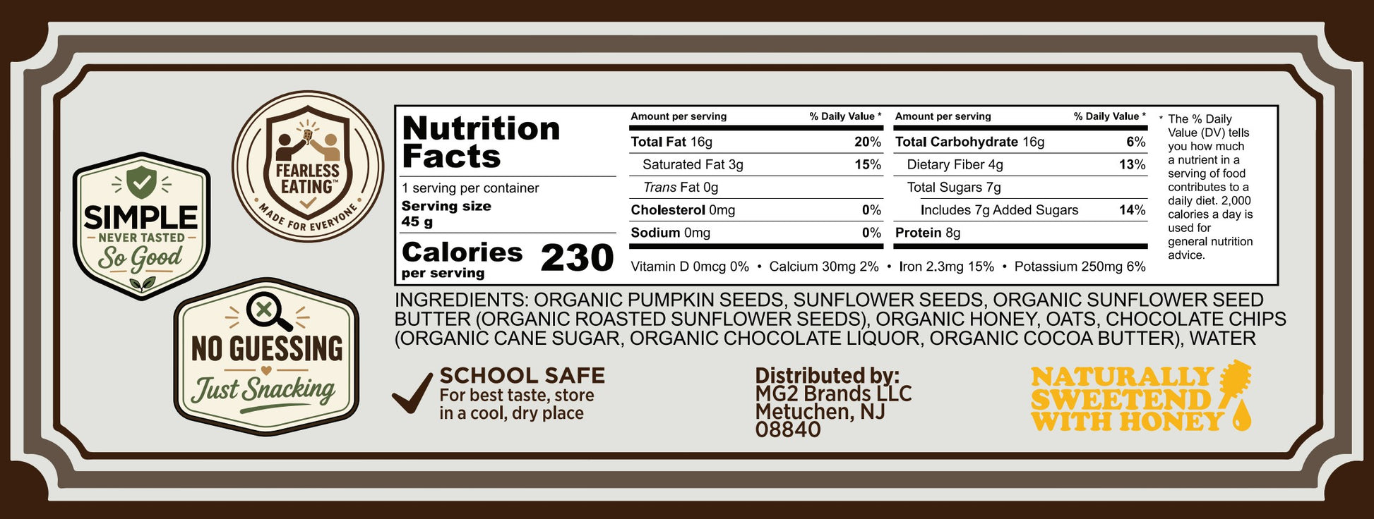Kennai Chocolate Chip Bar Nutrition Facts Panel and Ingredients listing