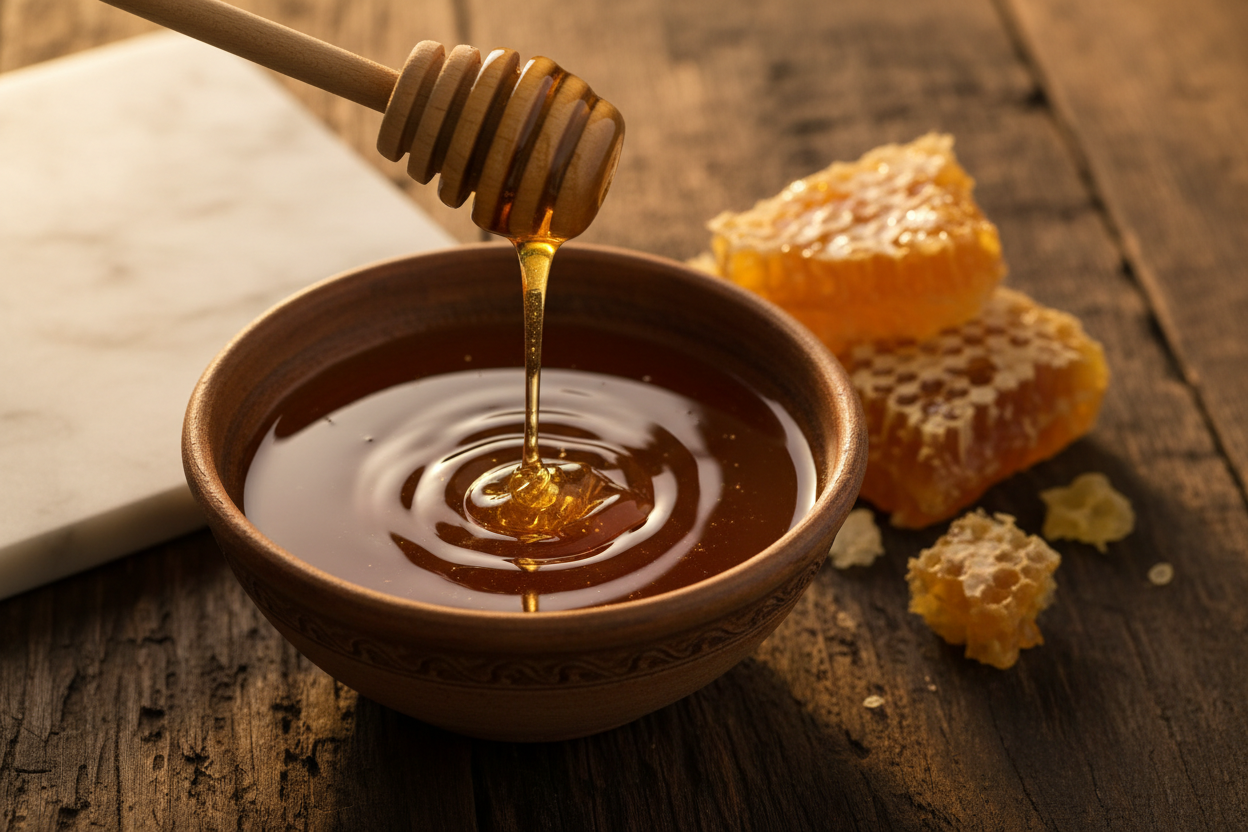 Natural honey with stirrer, bowl, and honeycomb