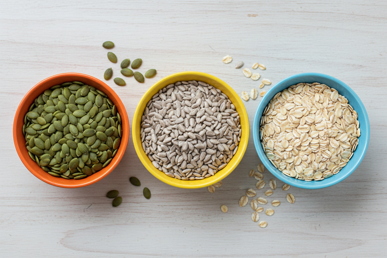 Sunflower seed kernels, pumpkin seed kernels, and oats in colorful bowls